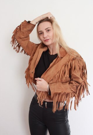 VINTAGE 80S RARE UNIQUE FRINGE TASSEL REAL SUEDE JACKET