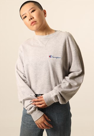 VINTAGE CHAMPION EMBROIDERED SPELL OUT CROPPED SWEATSHIRT