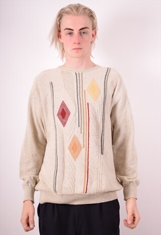 MENS VINTAGE JUMPER SWEATER XL BEIGE 90S