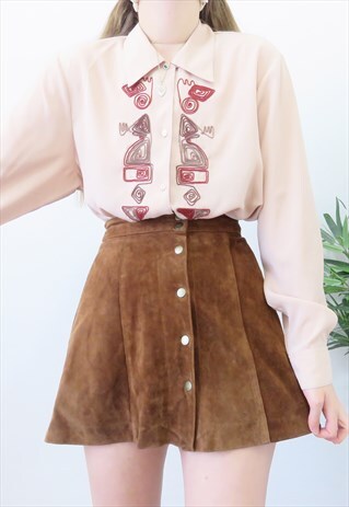 80S VINTAGE BEIGE & BURGUNDY EMBROIDERED ABSTRACT SHIRT