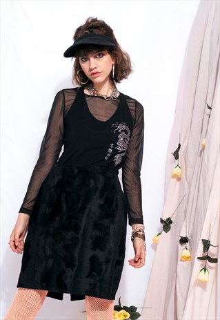 VINTAGE PLUSH SKIRT 90S HIGH-WAISTED VELVET FAUX FUR SKIRT