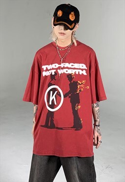 Red Washed Graphic Cotton T shirt tee