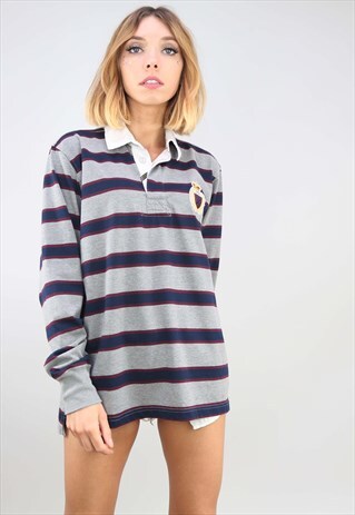 VINTAGE OVERSIZED LONG SLEEVE STRIPE RUGBY TOP T-SHIRT