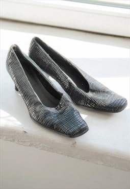 Vintage 80's Black Textured Fabric Midi Heeled Shoes