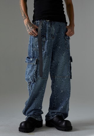 Cargo pocket jeans utility wide denim pants in acid blue