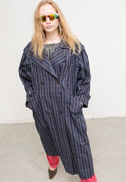 Vintage Trench Coat Dark Blue Striped Casual Classic 90s