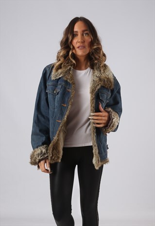 DENIM JACKET FAUX FUR LINED OVERSIZED VINTAGE UK 16 (DKEL)