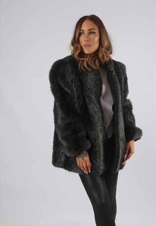 VINTAGE FAUX FUR COAT JACKET SHORT MID UK L 14 (9BK)