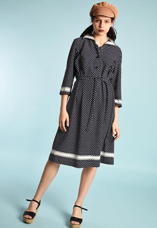 70'S RETRO POLKA DOT PARIS CHIC MINIMALIST MIDI DRESS