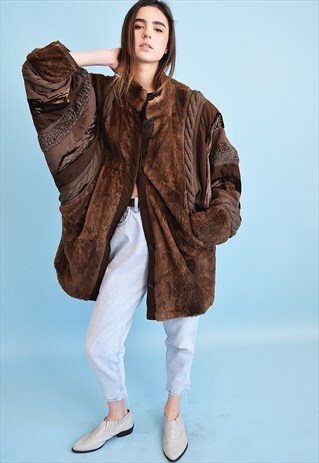80'S RETRO FAUX FUR & KNIT DETAILING SHEARLING SHERPA JACKET