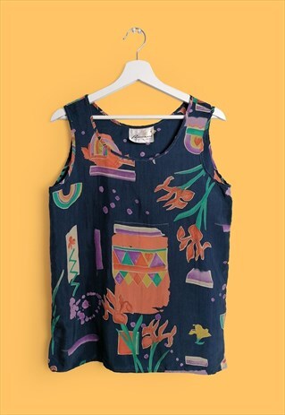 VINTAGE 90'S ABSTRACT PRINT CUPRO SILKY FESTIVAL VEST / TOP