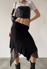 Vintage Y2K 00s black asymmetric ruffle midi skirt with mesh