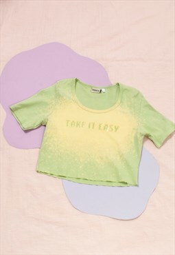 Vintage Baby Tee Y2K Bleached Crop Top in Green Cotton