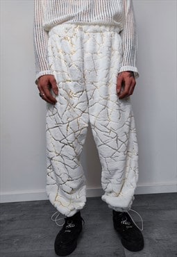 Golden foil joggers fleece pants faux fur trouser in white