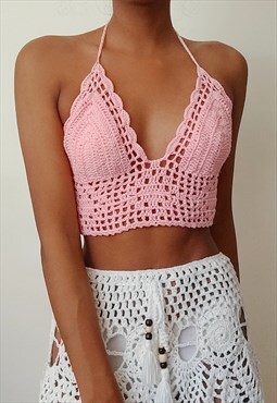 Tianna Pink Crochet festival halter neck tie back crop top 