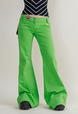 Vintage 00s Techno Rave Low Waist Flare Green Women Trousers