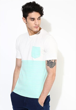 GREEN STRIPE T-SHIRT. WITH POCKET. ORGANIC COTTON
