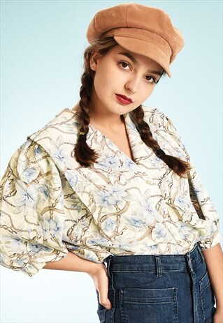 VINTAGE 80'S RETRO FLORAL AND CHAIN PRINT DRAPED BLOUSE TOP