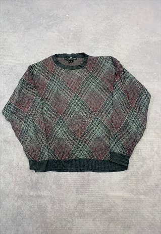 VINTAGE KNITTED JUMPER ABSTRACT PATTERNED GRANDAD SWEATER