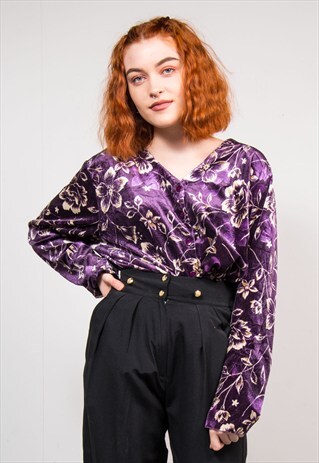 90'S VINTAGE DARK PURPLE FLORAL VELVET PATTERNED BLOUSE TOP