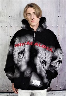 Anime fleece jacket graffiti cartoon bomber Japan coat black