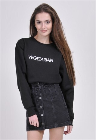 SALE - BLACK VEGETARIAN SWEATSHIRT - EMBROIDERED