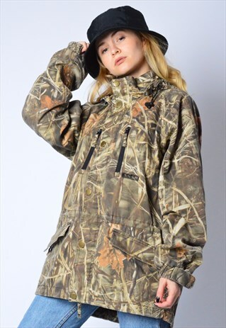 VINTAGE 90S KHAKI CAMO FOREST PRINT HOODED JACKET