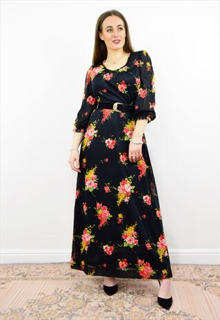 VINTAGE 70S BLACK FLORAL BOHO LONG SLEEVED MAXI DRESS