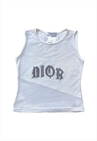 CHRISTIAN DIOR VEST TOP MESH GOTHIC LOGO WHITE VINTAGE SMALL