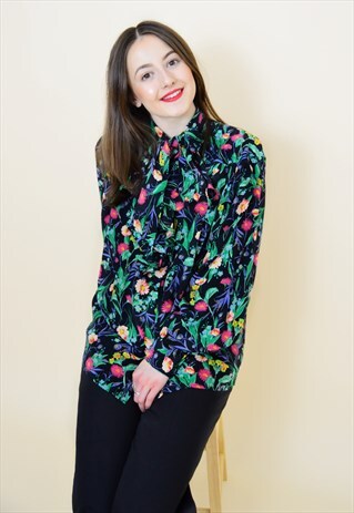 VINTAGE 90S BLACK FLORAL PUSSY BOW FRILL BLOUSE