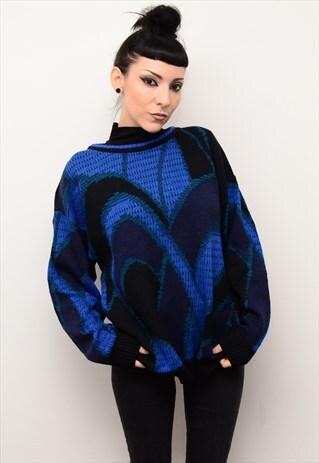 VINTAGE 90'S RETRO ABSTRACT BLUE BLACK PATTERNED JUMPER