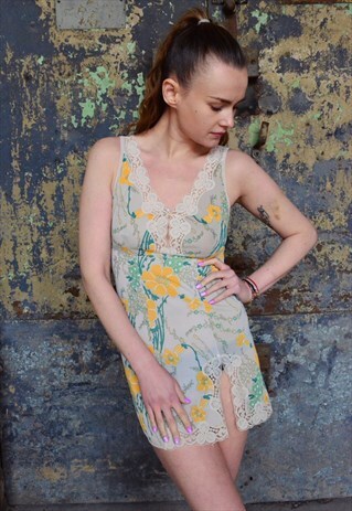 80S VINTAGE SLIP DRESS WITH FLOWERS
