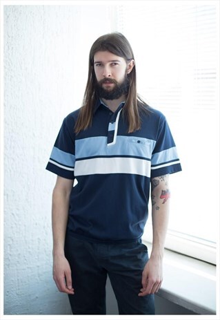 VINTAGE 80'S STRIPED SHORT SLEEVED POLO SHIRT IN BLUE