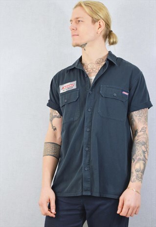 VINTAGE DICKIES WORK SHIRT THICK COTTON SHORT SLEEVE NAVY