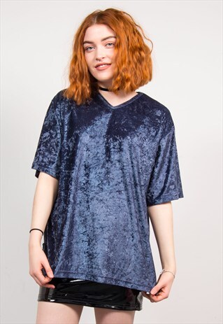 VINTAGE 90'S BLUE CRUSHED VELVET T-SHIRT TOP