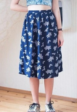 Dark blue A-line floral vintage skirt