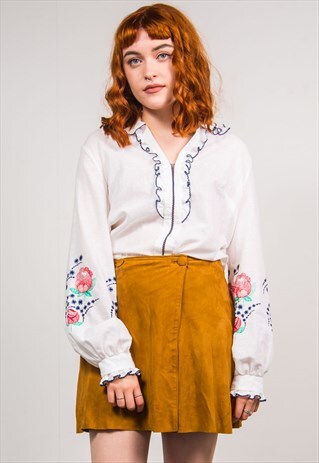 VINTAGE 70'S WHITE FLORAL EMBROIDED FRILL BOHO BLOUSE