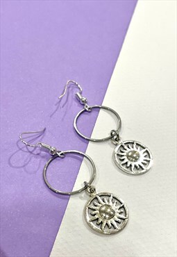 Circle Starburst Sun Geometric Earrings Silver With Gift Bag