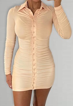 Rouched Long Sleeve Shirt Dress - Peach/Cream