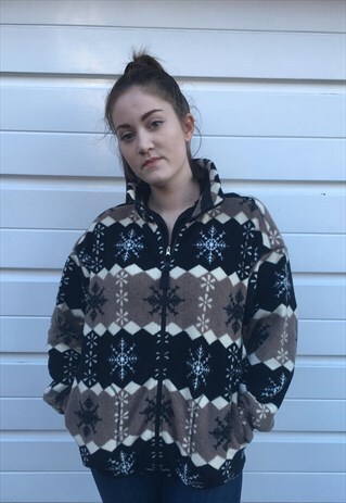 WOMENS VINTAGE 80S JACKET BEIGE BLACK PATTERNED FLEECE