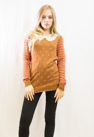 DOT AND STRIP PRINT WITH CROCHET COLLAR JUMPER