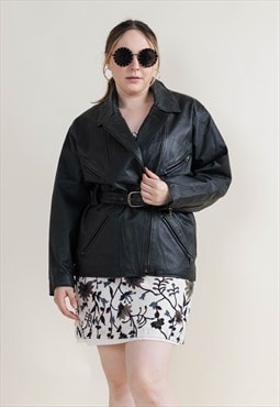 Vintage 90s Leather Women Biker Jacket with Belt&Zip Up M/L