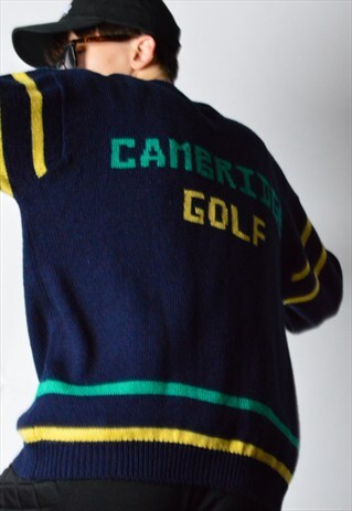 VINTAGE 80S NAVY BLUE KNIT WOOL BLEND CAMBRIDGE GOLF JUMPER
