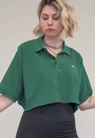 VINTAGE REWORKED LACOSTE CROP TOP POLO SHIRT IN GREEN