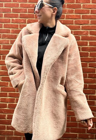 PEACH FLUFFY FAUX FUR COAT