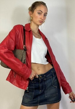 Vintage Y2k Red Leather Zipped Jacket Grunge