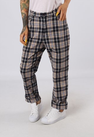 HIGH WAISTED TROUSERS TARTAN CHECKED STRAIGHT UK 16 (OAH)