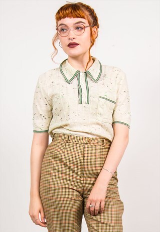 VINTAGE 70'S BEIGE POLO NECK KNIT TOP T-SHIRT