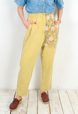 Vintage Women L Yellow Trousers Pants Bottom Flowers Cotton