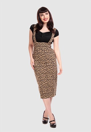 KAREN VINTAGE STYLE LEOPARD PRINTED DUNGAREES MIDI SKIRT